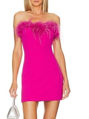 Feather-Trim Strapless Valentina Mini Dress in Hot Pink